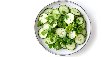 Wall Mural - Fresh cucumber and cilantro salad in white bowl on minimalist background