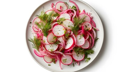 Wall Mural - Fresh radish and dill salad on white plate – a vibrant culinary delight