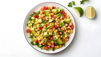 Wall Mural - Fresh avocado corn salad with tomatoes, lime, and cilantro on a white plate