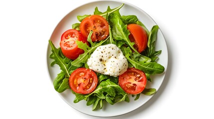 Wall Mural - Fresh arugula salad with sliced tomatoes and creamy burrata on a white plate