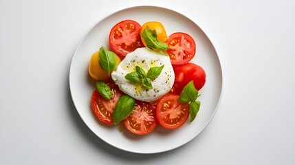 Wall Mural - Fresh caprese salad with mozzarella, tomatoes, and basil on white plate