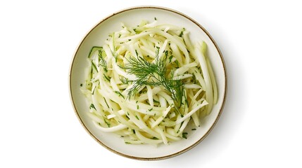 Wall Mural - Fresh shaved fennel salad with dill garnish on a white plate