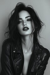 Wall Mural - A beautiful woman in a black leather jacket and dark make-up posing while looking at the camera. Black and white fashion photography. Fashion. Style.	