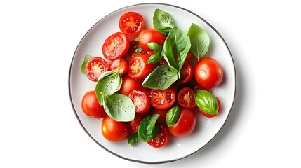 Fresh tomato and basil salad on white plate with green herb garnish