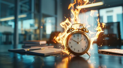 Golden alarm clock on fire with a notebook and keyboard on a desk in a blurry office setting.