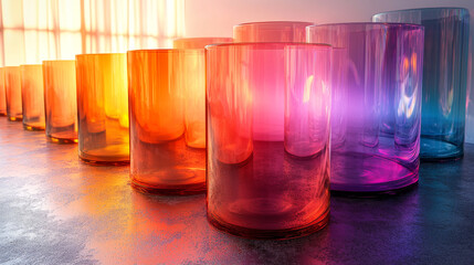 Wall Mural - A row of colorful glass tumblers on a table with a soft glow.