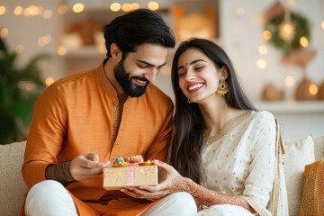 Canvas Print - A handsome young Indian man in traditional wear giving a gift to his beautiful wife who wearing sari, sitting on a sofa. Both are smiling and happy