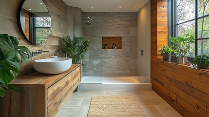 Modern bathroom with wood paneling, large window, and a round mirror.  The bathroom has a minimalist design with a white sink and plants.