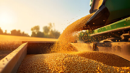 Harvester pouring freshly harvested corn maize seeds or soybeans into container trailer near, closeup detail, afternoon sunshine. Agriculture concept. 