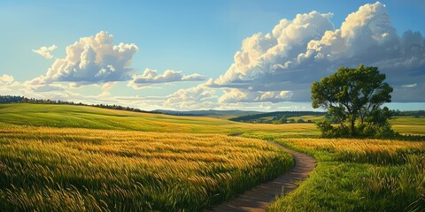 A serene landscape featuring golden fields, a winding path, and fluffy clouds drifting across a bright blue sky.