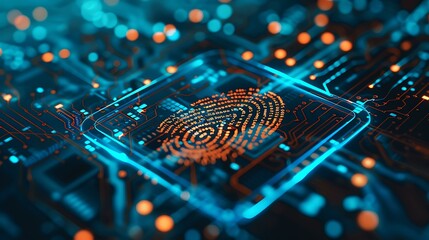 Poster - A close-up of a virtual lock icon on a digital interface with a fingerprint scanner in the foreground
