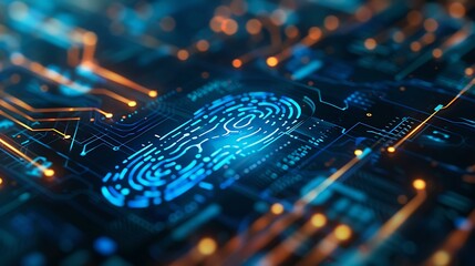 Poster - A close-up of a virtual lock icon on a digital interface with a fingerprint scanner in the foreground