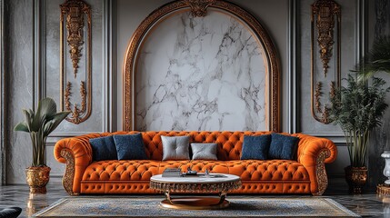 Elegant orange tufted sofa with blue pillows in a luxurious living room with ornate details.