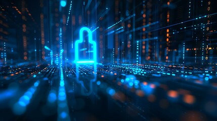 Poster - A futuristic digital lock icon glowing in blue, surrounded by a matrix of binary code, symbolizing cybersecurity