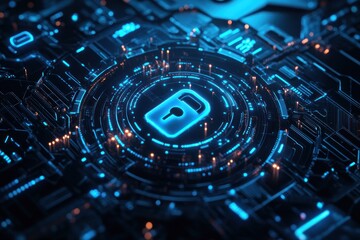 Poster - Cybersecurity and Digital Security: A Glowing Lock Symbol on a Circuit Board