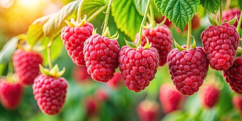 branch of ripe red raspberries in garden Extreme Close-Up