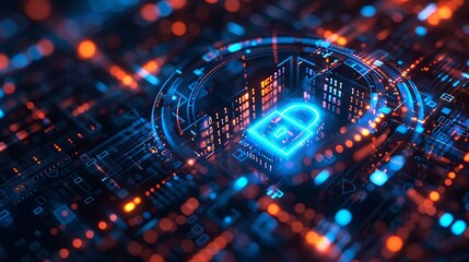 Poster - A futuristic digital lock icon glowing in blue, surrounded by a matrix of binary code, symbolizing cybersecurity