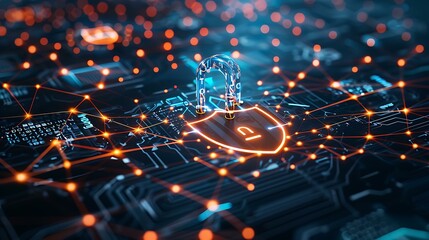 Poster - A high-tech padlock with a shield emblem in front of a stylized global network, symbolizing global data protection
