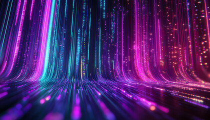 Poster - Digital wallpaper in style of matrix style data flows in neon colors, copy space. Presentation template. Generative AI