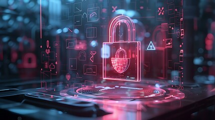 Poster - A transparent padlock floating above a holographic screen with various security symbols in the background