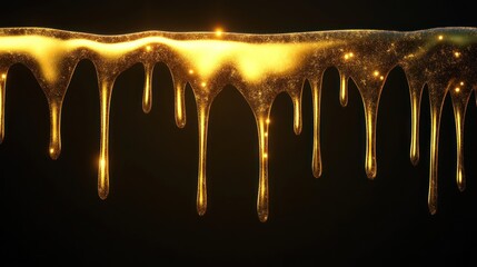 Wall Mural - A close-up of shimmering golden liquid dripping against a dark backdrop.