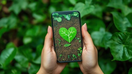 Heart Leaf on a Phone in a Green Garden