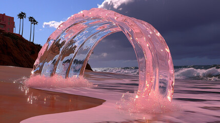 A glass wave arches over the sandy shore, capturing the light in a beautiful pink glow.