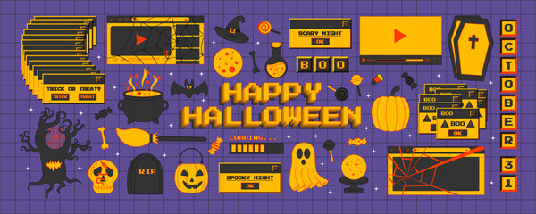 Aufkleber - Big set of Halloween stickers in trendy y2k style. Old computer aesthetics of 90s, 00s. Retro PC elements, user interface. Vector illustration
