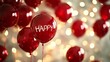 © CreativeArt - A vibrant collection of red balloons, some adorned with the word Happy, float gracefully in front of shimmering lights, creating a joyful atmosphere perfect for celebrations