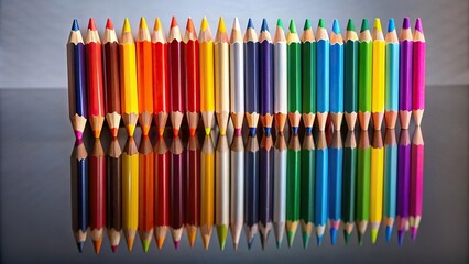 Bright colored pencils reflected on grey surface