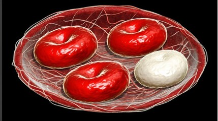 Three Red Blood Cells and One White Blood Cell on a Plate