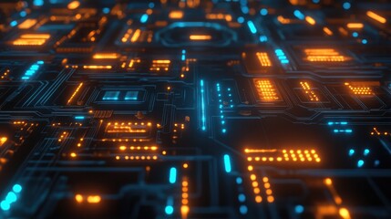 Abstract glowing circuit board with blue and orange lights.