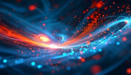 Vibrant abstract digital art featuring dynamic swirling blue and red lights interspersed with shimmering particles