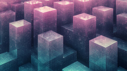 Abstract digital cityscape with pink and blue hues.