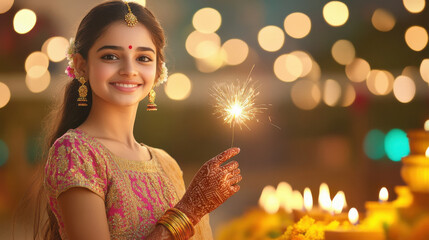 Sticker - young woman holding firecrackers stick in hand on diwali festival.