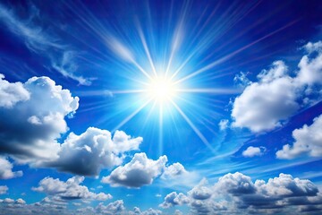 Bright sun shining in clear blue sky with fluffy white clouds, long shot