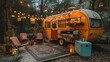 © LuvTK - A fun BBQ area with a restored vintage trailer, retro grill, hanging string lights, and quirky decor like classic lawn chairs, colorful lanterns, and a vintage cooler,