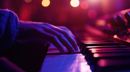 Wall Mural - a close-up of a hand playing a piano, illuminated by colorful lights.