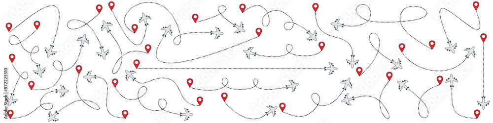 Editable of airplane flights with pin map, plane, and line routes paths ...