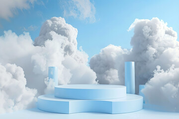 Wall Mural - a blue sky with a cloud formation and a clear glass structure in the middle, generative ai image.,