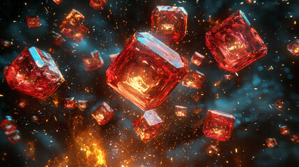 Wall Mural - Glowing red crystals float in a dark space.