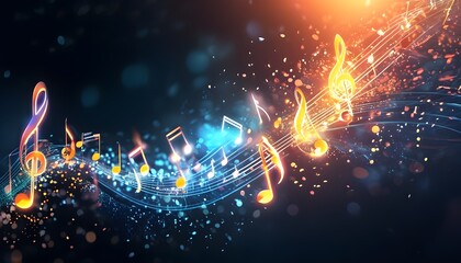 Dynamic glow of musical notes and particles creating an abstract atmosphere for music, entertainment, and technology themes