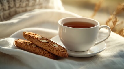 Wall Mural - Generative AI Image of Warm Rooibos Tea with Almond Biscotti at Teatime White Theme Party