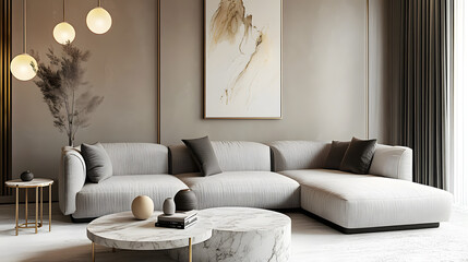 Gray fabric sofa and marble stone coffee table. Hollywood regency style interior design of modern living room.