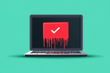 Fototapete - laptop with red checkmark and dripping paint on the screen and keyboard.