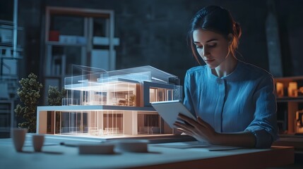 Poster - Architect designer working design 3D house model with technology digital hologram. Female engineer design 3d house on tablet. Concept futuristic technology Architect 