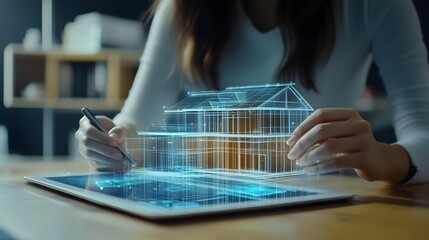 Poster - Architect designer working design 3D house model with technology digital hologram. Female engineer design 3d house on tablet. Concept futuristic technology Architect 