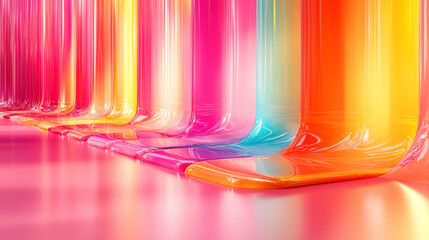 Abstract colorful glossy shapes create a vibrant and dynamic backdrop.