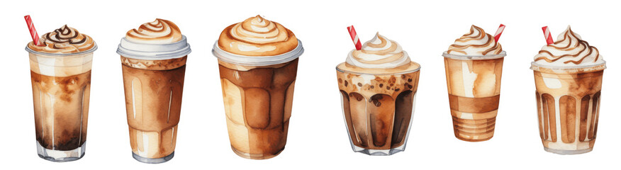 Wall Mural - set of watercolor iced coffee cup with cream isolated on transparent background