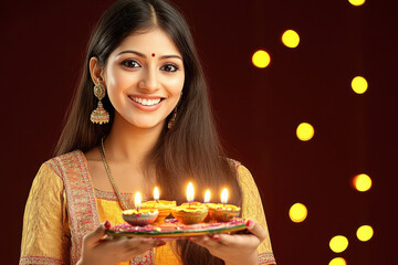 Poster - young indian woman holding oil lamp in the plate